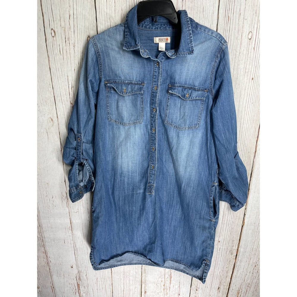 Route 66 Denim Dress Women M No Belt Long Sleeve Button Collared Pocket Blue